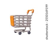 3d icon. Empty shopping cart on wheels. Supermarket trolley. Metal and plastic material. Realistic. Render. Shopping in the store, big purchases. Vector illustration isolated on white background.