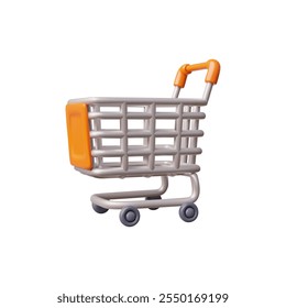 Icono 3D. Carrito de compras vacío sobre ruedas. Carro del supermercado. Material metálico y plástico. Realista. Render. Compras en la tienda, grandes compras. Ilustración vectorial aislada sobre fondo blanco.