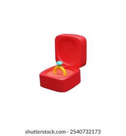 Icono 3D de un compromiso o anillo de bodas. Una caja de plástico roja abierta con un anillo de oro y un Grande diamante azul claro. Propuesta de matrimonio. Ilustración vectorial aislada sobre fondo blanco.