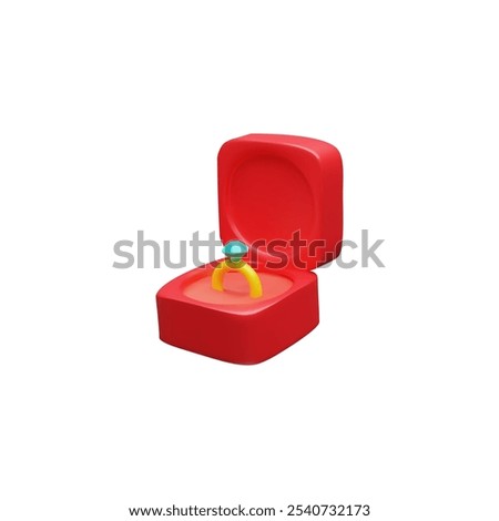 3d icon of an engagement or wedding ring. An open red plastic box with a gold ring and a large light blue diamond. Marriage proposal. Vector illustration isolated on white background.