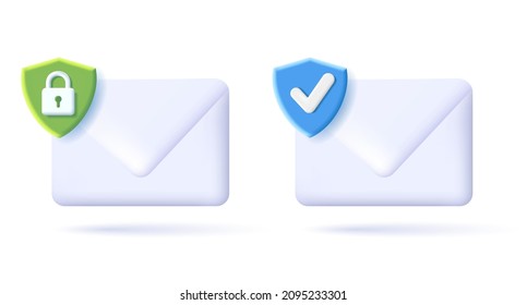 3d icon of envelope with security protection tag as shiels with padlock and approve tick sign