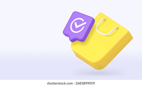 Das 3D-Symbol mit violettem Häkchen und gelber Einkaufstasche symbolisiert Genehmigung, erfolgreiche Käufe und sichere Transaktionen für E-Commerce- und Geschäftsanwendungen. Vektorgrafik des Banners.