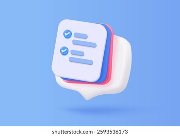 3d icon file task management todo check list, assignment and exam paperwork, work on organization, progress feedback, administration survey. 3d clipboard tick check icon vector render illustration