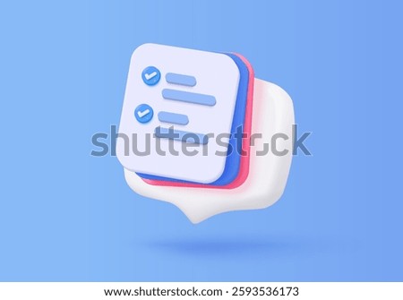 3d icon file task management todo check list, assignment and exam paperwork, work on organization, progress feedback, administration survey. 3d clipboard tick check icon vector render illustration