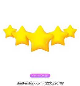 3d icon five stars customer rating feedback concept Customer reviews about website staff 3D star realistic glossy shade design for mobile app and web page templates. 3d vector illustration.