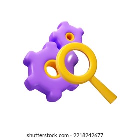 3d icon gear and magnifier. Cog through magnifying glass illustration. Search engine concept