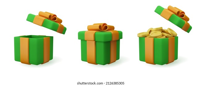 3d icon gift box with coins. Realistic vector render illustration. St. Patricks day colors design element. Cartoon present with gold.