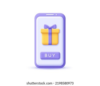 3d caja de regalo de iconos en el smartphone. Render móvil para compra digital en línea, tienda de promoción de comercio electrónico, compra de artículos favoritos y de regalo, concepto de mercado. 3.ᵉʳ celular de ilustración vectorial realista