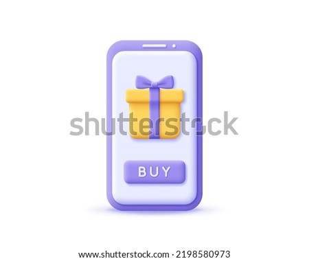 3d icon gift box on smartphone. Render mobile for online digital purchase, e-commerce promotion store, buying favorite and gift goods, market concept. 3d realistic vector illustration cellphone
