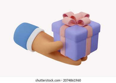 3d Icon Gift In Hand. Vector Cartoon Arm Holding Gesture. Realistic Illustration Of Giving A Present For Social Media
