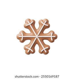 3d icon of gingerbread Christmas cookies in the form of a snowflake decorated with icing. Crispy, sweet, delicious homemade baked goods. Vector illustration isolated on white background.