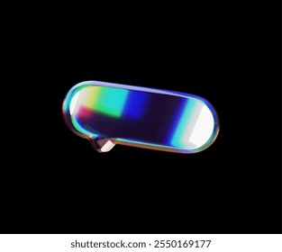 Ícone 3d de uma bolha de fala de vidro com reflexos e destaques coloridos. Forma alongada e estreita. Efeito holográfico do arco-íris. Glassmorfismo. Ilustração vetorial isolada em um plano de fundo preto.