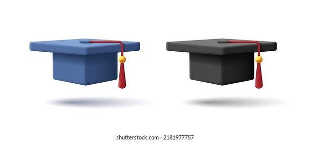 3d icon of graduation cap in blue and black colors. Vector illustration