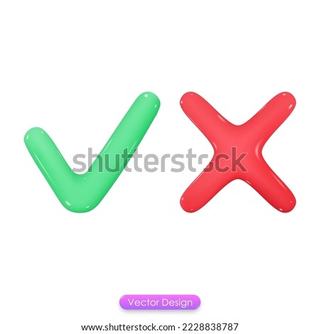 3d icon, green check mark and red cross mark isolated on white background. Yes and No, accepted and rejected. 3D vector illustration.