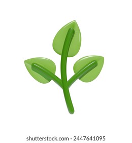 Icono 3D de un brote verde con tres hojas. Ilustración vectorial de una rama de la planta. Símbolo de respeto al medio ambiente, naturalidad y productos vegetales orgánicos.