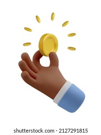 3d Icon hand black skinned holding coin. Realistic vector render emoji. Money concept, golden coin design element isolated on white background