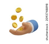 3d Icon hand with coins flying. Realistic vector render emoji. Money concept, design element isolated on white background