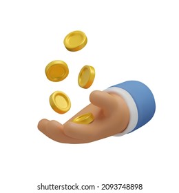 3d Icon hand with coins flying. Realistic vector render emoji. Money concept, design element isolated on white background