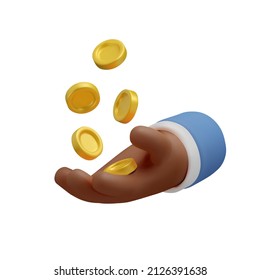 3d Icon hand with coins flying. Realistic vector render emoji, black skinned arm. Money concept, design element isolated on white background