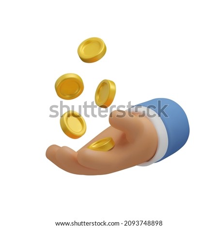 3d Icon hand with coins flying. Realistic vector render emoji. Money concept, design element isolated on white background