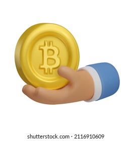 3d Icon hand with gold bitcoin. Realistic vector render emoji. Money concept, golden coin design element isolated on white background