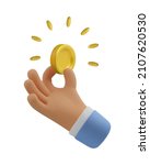 3d Icon hand with gold coin. Realistic vector render emoji. Money concept, shining golden coin design element isolated on white background