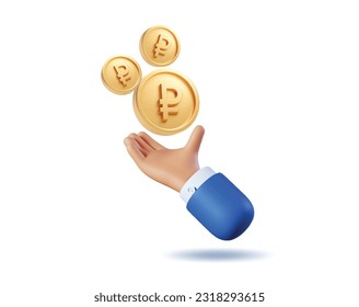 3d Icon hand with Gold coins rouble russia currency money Icons flying. Realistic vector render emoji. Money concept, design element isolated on Blue background