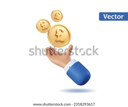 3d Icon hand with Gold coins pound uk currency money Icons flying. Realistic vector render emoji. Money concept, design element isolated on Blue background