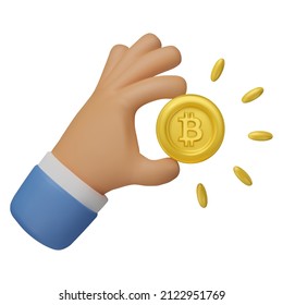 3d Icon hand holding bitcoin. Realistic vector render emoji. Money cryptocurrency concept, golden coin design element isolated on white background