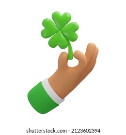 3d icon hand holding clover leaf. Business arm with green shamrock, luck and success symbol. Vector cartoon realistic render illustration isolated. St. Patrick icon
