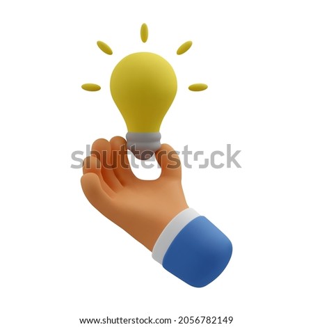 3d icon hand holding light bulb gesture. Vector cartoon great idea concept. Quick tip realistic illustration for social media isolated
