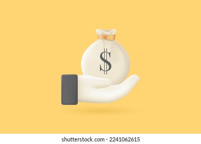 Icono 3D de una mano sosteniendo un saco de dinero. Icono de vector editable premium.