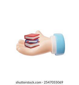 Icono 3D. La mano sostiene libros Pequeños en la palma de la mano. Libros de texto escolares. Concepto de Educación, el profesor da conocimiento a los estudiantes. Aprender nueva información. Diccionarios de bolsillo. Realismo. Ilustración vectorial.