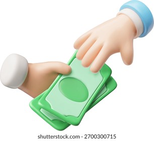 3D icon of hands exchanging dollar bills, transaction, payment, service. Financial support. Investment, income, profit, spending, assistance. Vector cartoon illustration. Isolated background.