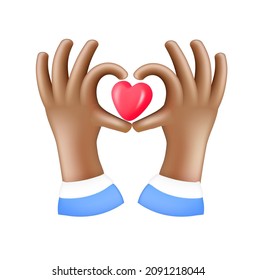 3d manos de icono gesto de amor. Dibujo vectorial de un símbolo cardíaco, imagen de un emoji de piel negra para los medios sociales