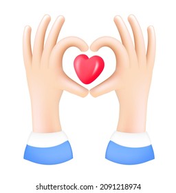 3d icon hands making heart shape gesture. Vector cartoon love symbol clip art. Cartoon hand render.  Realistic Valentines day illustration for social media. Plasticine Cartoon Style.