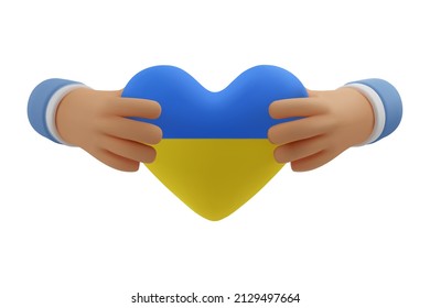 3d icon hands with Ukrainian colors heart. Vector render illustration, arms holding Ukraine flag. No war concept