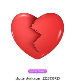 3d icon heart broken and stitches isolated on white background. Red heart shaped cracked emoji for social media, mobile app, valentine's day, romantic love object decoration. 3d vector illustration.