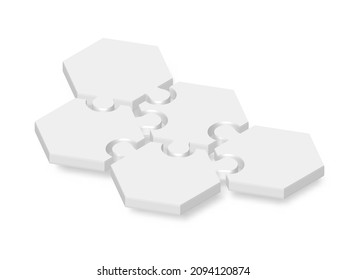 3d icon hexagon puzzle in white with shadow. Hexagon puzzle of five pieces with shadow on white background your web site design, app, UI. Monochrome. EPS10.