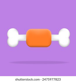 3D icon illustration bone with an orange chew toy center on a purple background. Perfect for pet care, dog accessories, and animal health topics. 