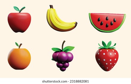 3D icon illustration fruits (apple, banana, watermelon, grape, strawberry)