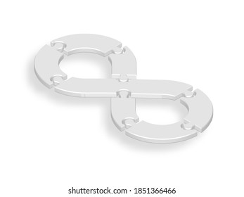 3d icon Infinity puzzle in white with shadow. Infinity puzzle of seven pieces on white background your web site design, app, UI. Monochrome. EPS10.