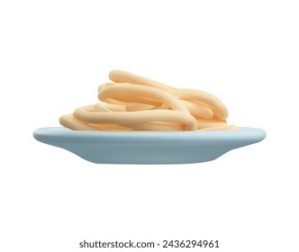 Icono 3D de pasta de espagueti italiana en un plato azul en un diseño vectorial. Un fondo blanco limpio con fideos de dibujos animados, perfecto para diseños de cocina o anuncios de restaurantes.