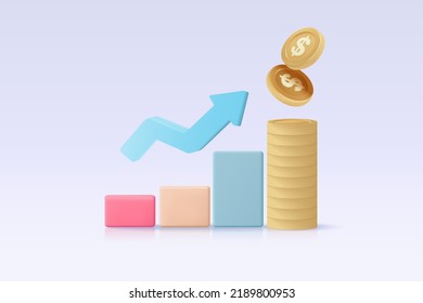 3d Icon Leadership For Successful New Idea. Excellent Investing Business Graph On Background. Investment Creative Solution With Money Coin And Graph Concept. 3D Icon Vector Finance Render Illustration