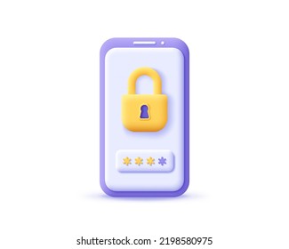 3d icon locked padlock with password on smartphone. Render mobile with lock for security, safety, protection, privacy and encryption concept. 3d realistic vector illustration cellphone