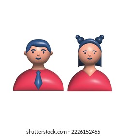 3d icon man and woman. Close -up portrait of male and female. Cartoon businessman character. Vector illustration rendering design. Isolated on white background. Face human. User profile. 