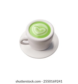 Icono 3D. Matcha, té verde en polvo. Sin bebida calórica. Sustituto del café. Taza blanca con una bebida caliente en un plato. A base de hierbas, natural, saludable. Ilustración vectorial aislada sobre fondo blanco.