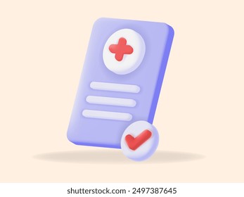 3D icon medical illustration featuring a document with a red cross and checkmark. Ideal for healthcare apps, medical services, and health content