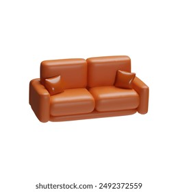 3D icon of a modern orange sofa with two matching cushions. This vector illustration is ideal for furniture, home decor, or interior design concepts. The sofa features a sleek, contemporary design.