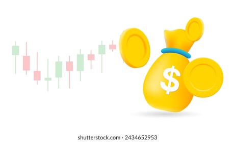 3d icon money bag and coin with candlestick. vector illustration